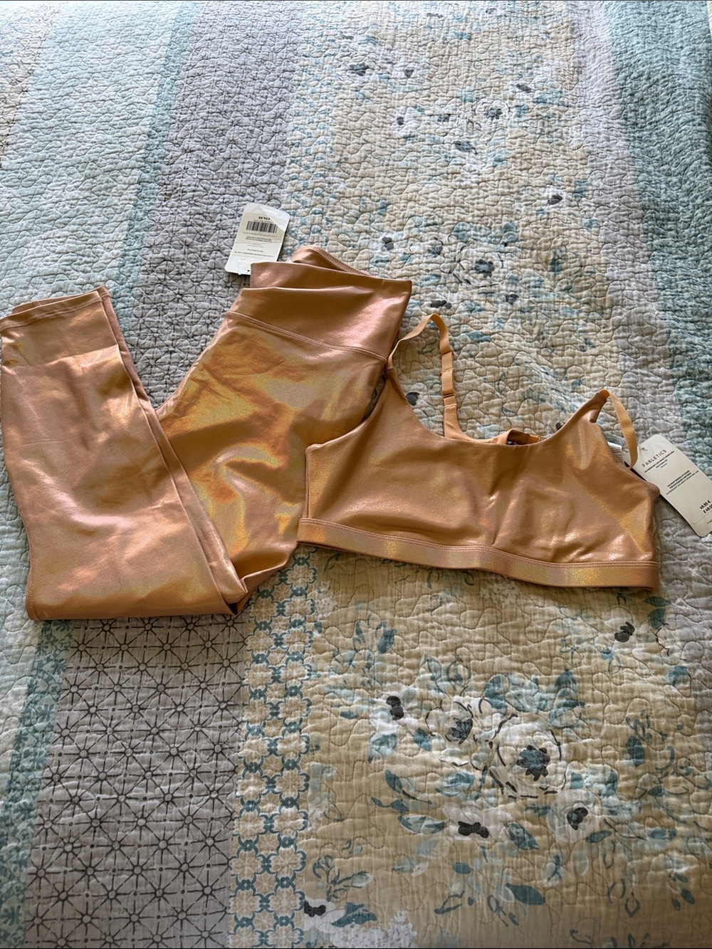 Fabletics Metallic Rose Gold Sports Bra & Leggings Set